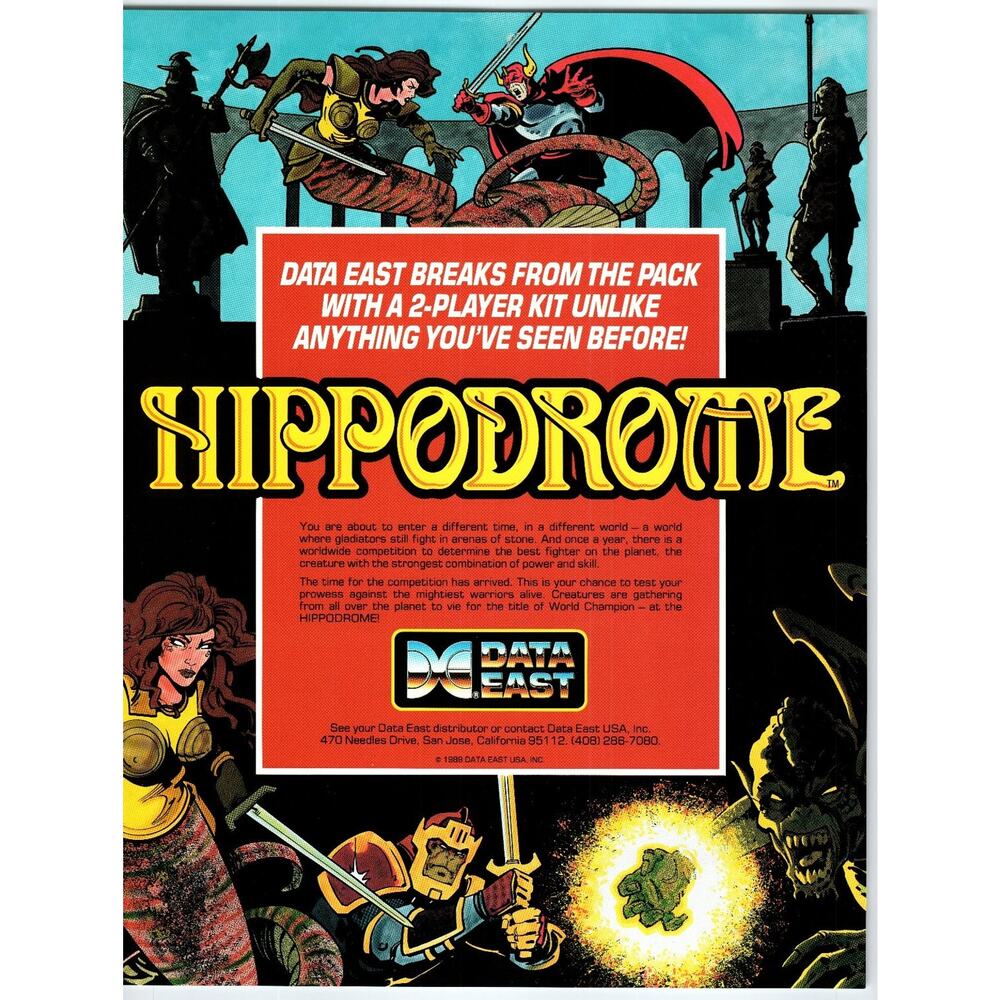 1989 Data East Hippodrome Arcade Game Flyer 2-Player Kit Gladiators